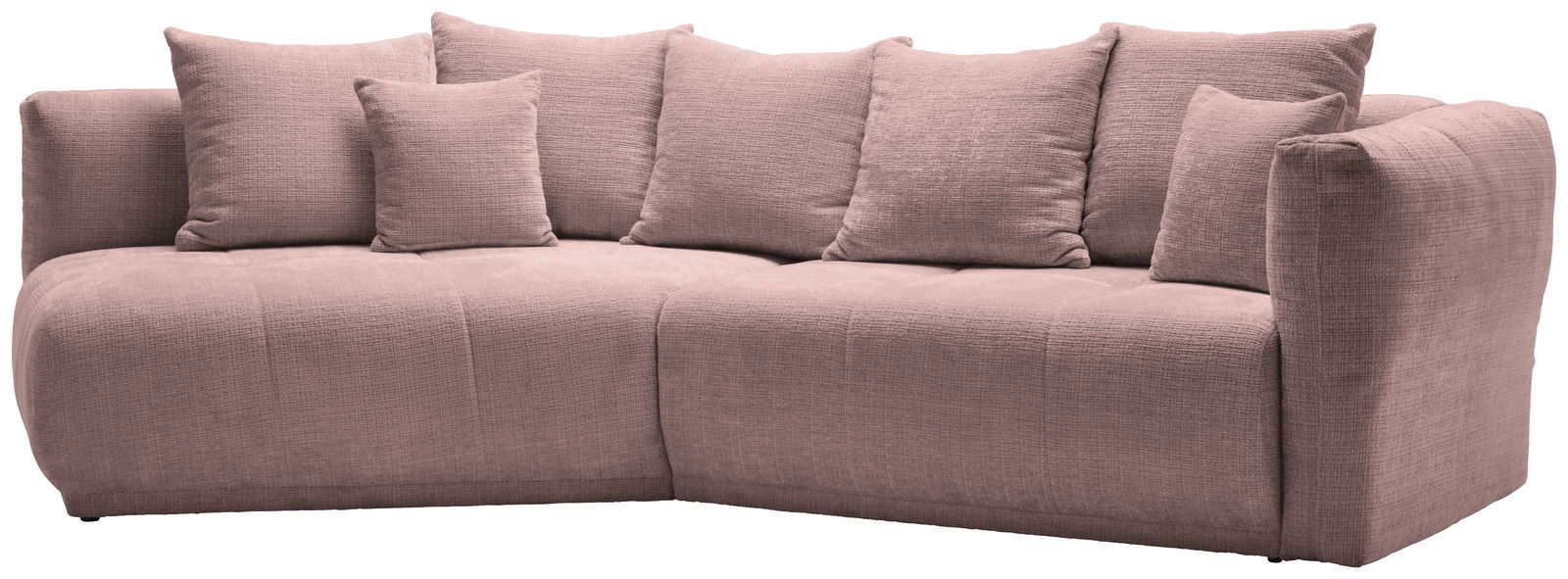 Rosa Rundecke Sofa mit mehreren Kissen, seitliche Perspektive