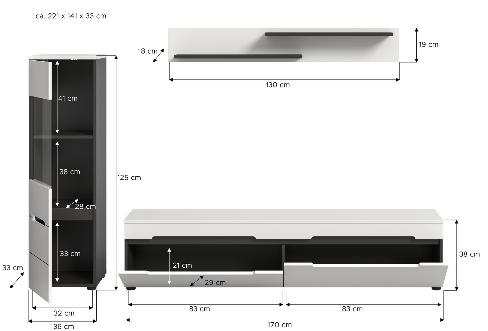 Wohnwand-Set in Weiß und Anthrazit mit TV-Lowboard, Hochschrank und Wandregal, Maßskizze mit Abmessungen, Frontansicht