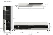 Wohnwand-Set in Weiß und Anthrazit mit TV-Lowboard, Hochschrank und Wandregal, Maßskizze mit Abmessungen, Frontansicht