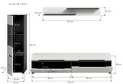 Wohnwand-Set in Weiß und Anthrazit mit TV-Lowboard, Hochschrank und Wandregal, Maßskizze mit Abmessungen, Frontansicht