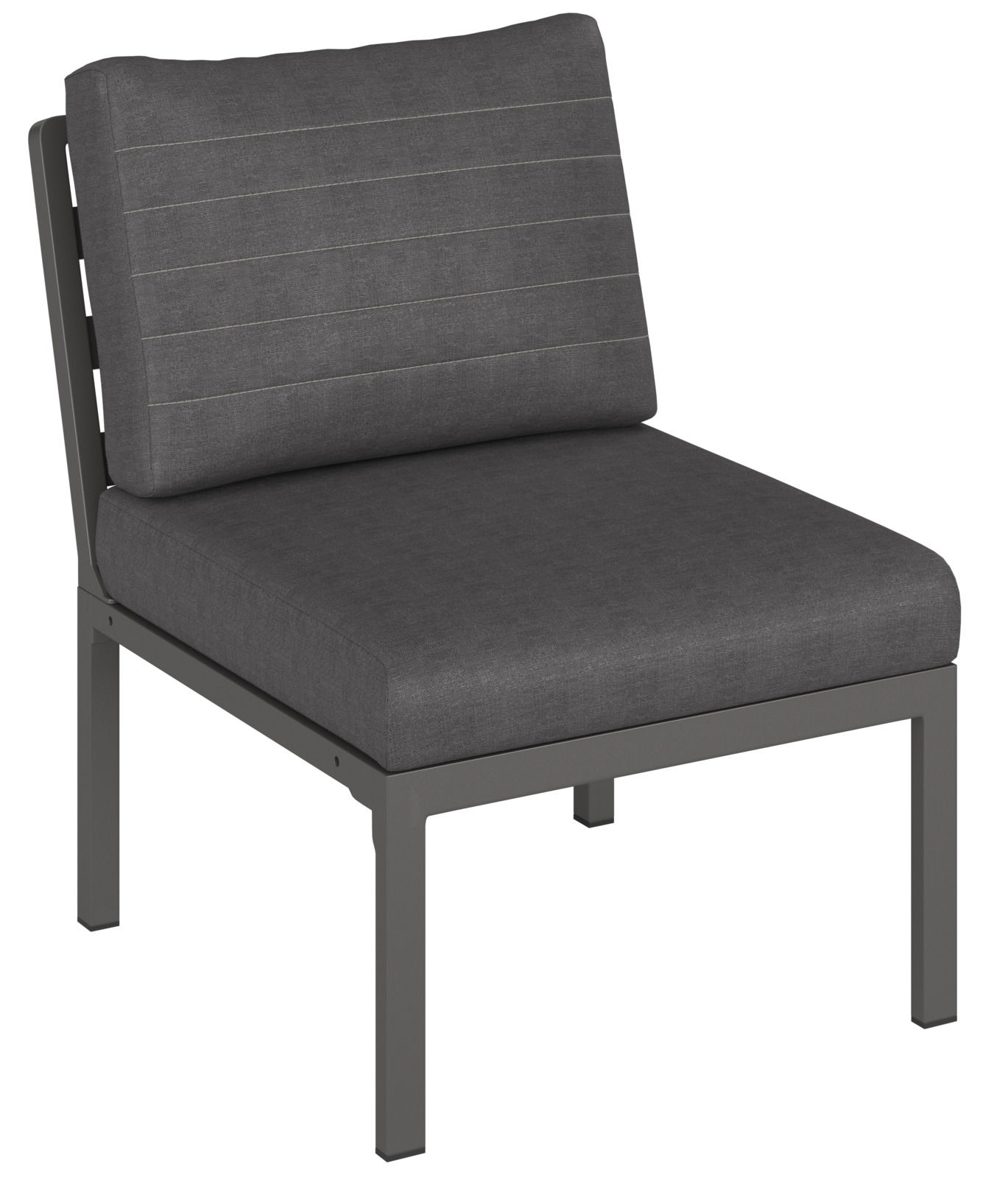 Graues Loungemittelteil mit gepolstertem Sitz und Rückenlehne, seitliche Perspektive