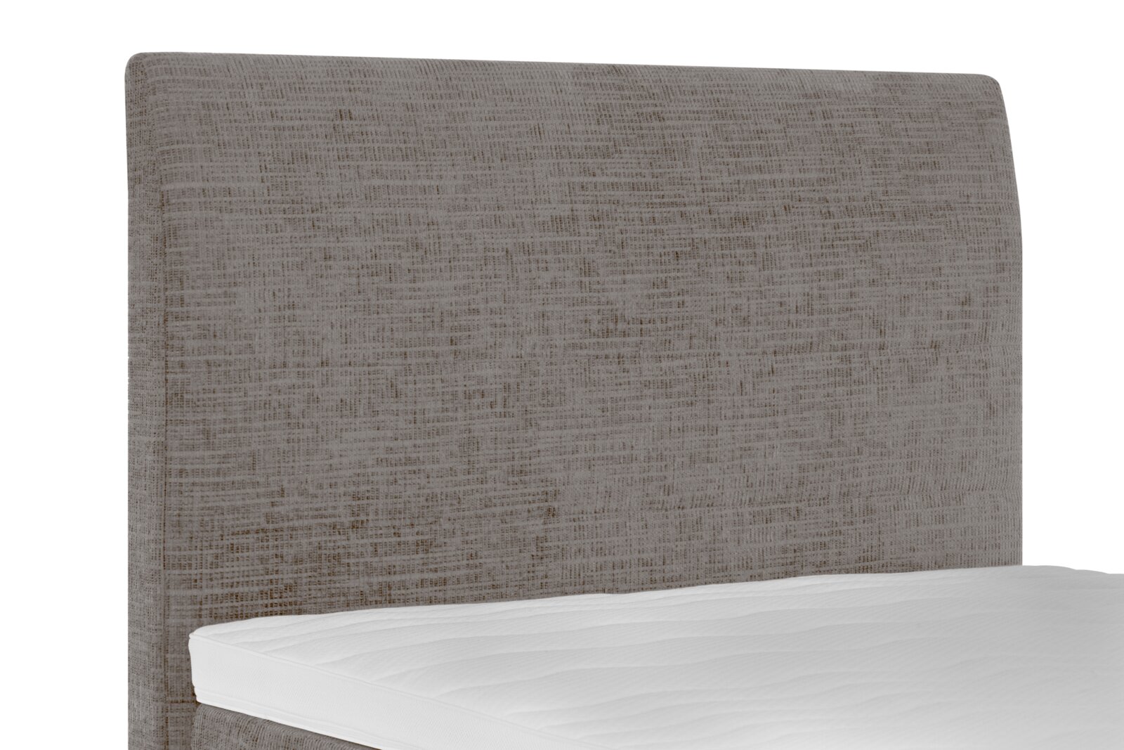 Close-up in schuin vooraanzicht van een bed met een hoog, afgerond hoofdbord in grijs-beige geweven stof en een witte matras.