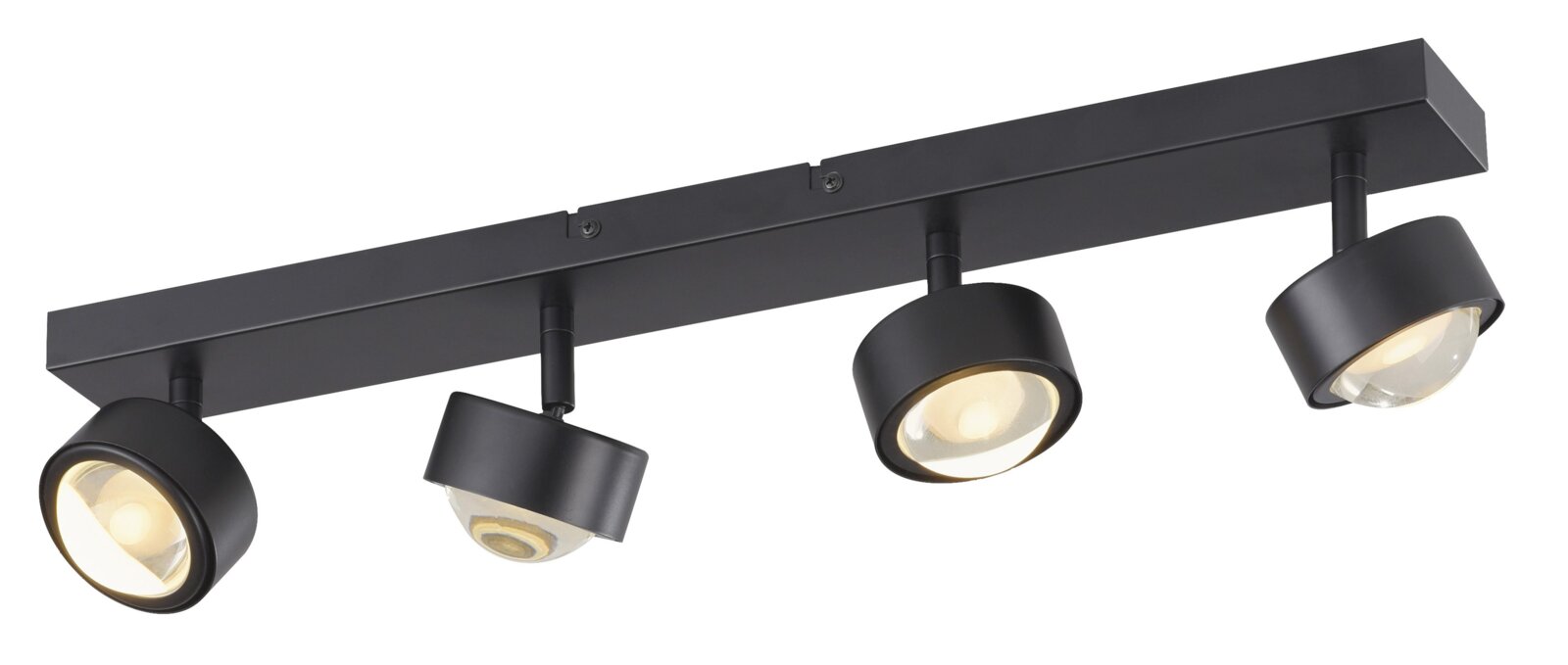 Schwarze Decken-Spotleiste mit vier verstellbaren LED-Strahlern auf rechteckiger Schiene, freigestellt auf weißem Hintergrund, Ansicht in schräger Perspektive von unten.