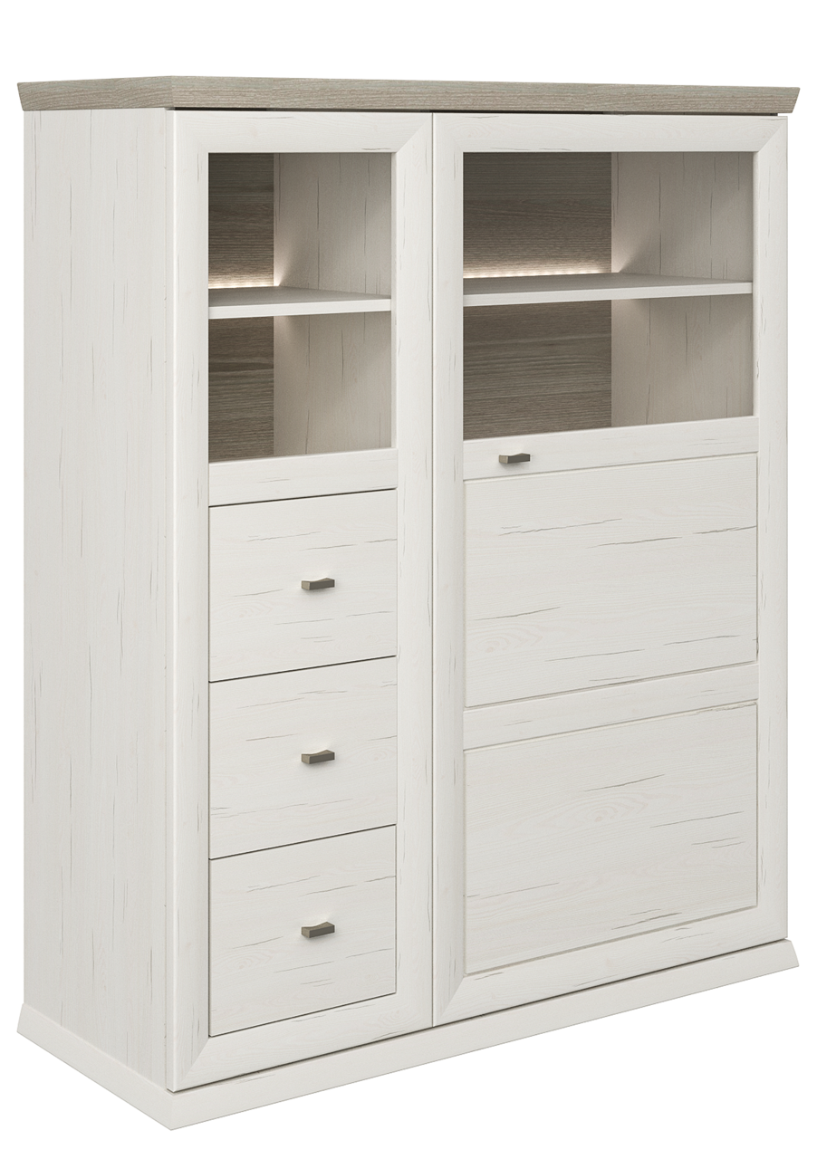 Hom´in Highboard CAMRON Weißes Highboard mit Holzoptik, drei Schubladen und zwei offenen Fächern, seitliche Perspektive