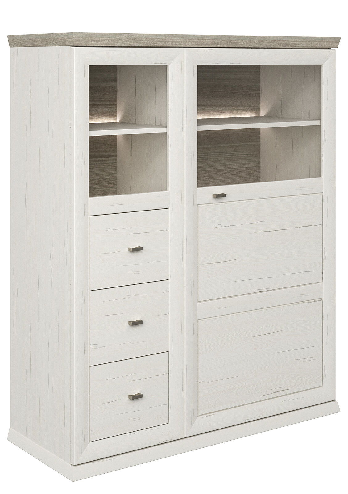 Hom´in Highboard CAMRON Weißes Highboard mit Holzoptik, drei Schubladen und zwei offenen Fächern, seitliche Perspektive