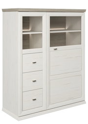 Weißes Highboard mit Holzoptik, drei Schubladen und zwei offenen Fächern, seitliche Perspektive