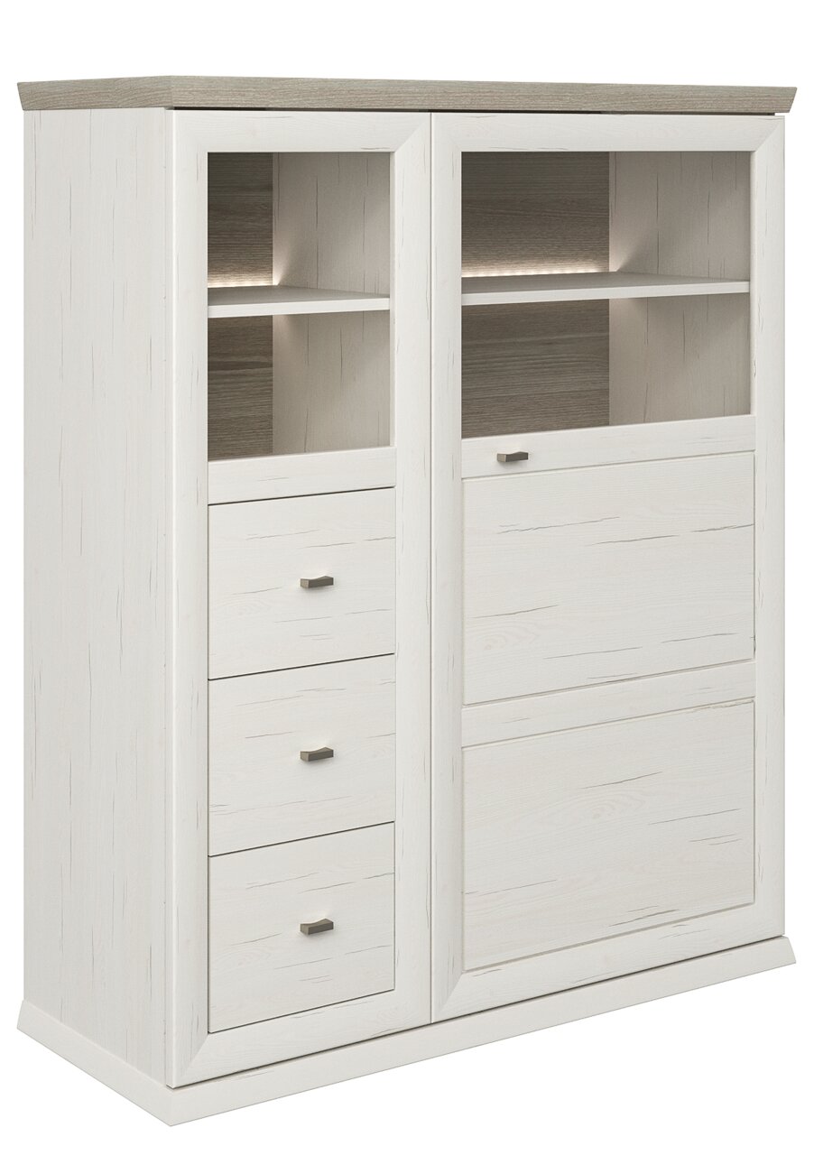 Weißes Highboard mit Holzoptik, drei Schubladen und zwei offenen Fächern, seitliche Perspektive