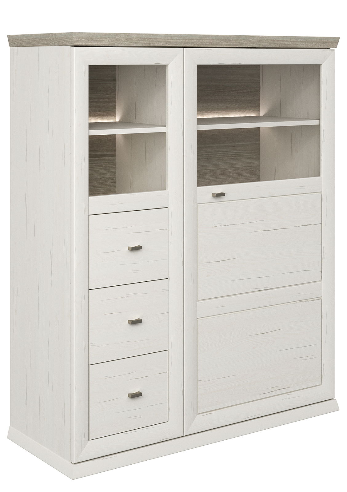 Weißes Highboard mit Holzoptik, drei Schubladen und zwei offenen Fächern, seitliche Perspektive