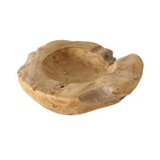 Teakhouten schaal van natuurlijk hout met een onregelmatige vorm, zijaanzicht