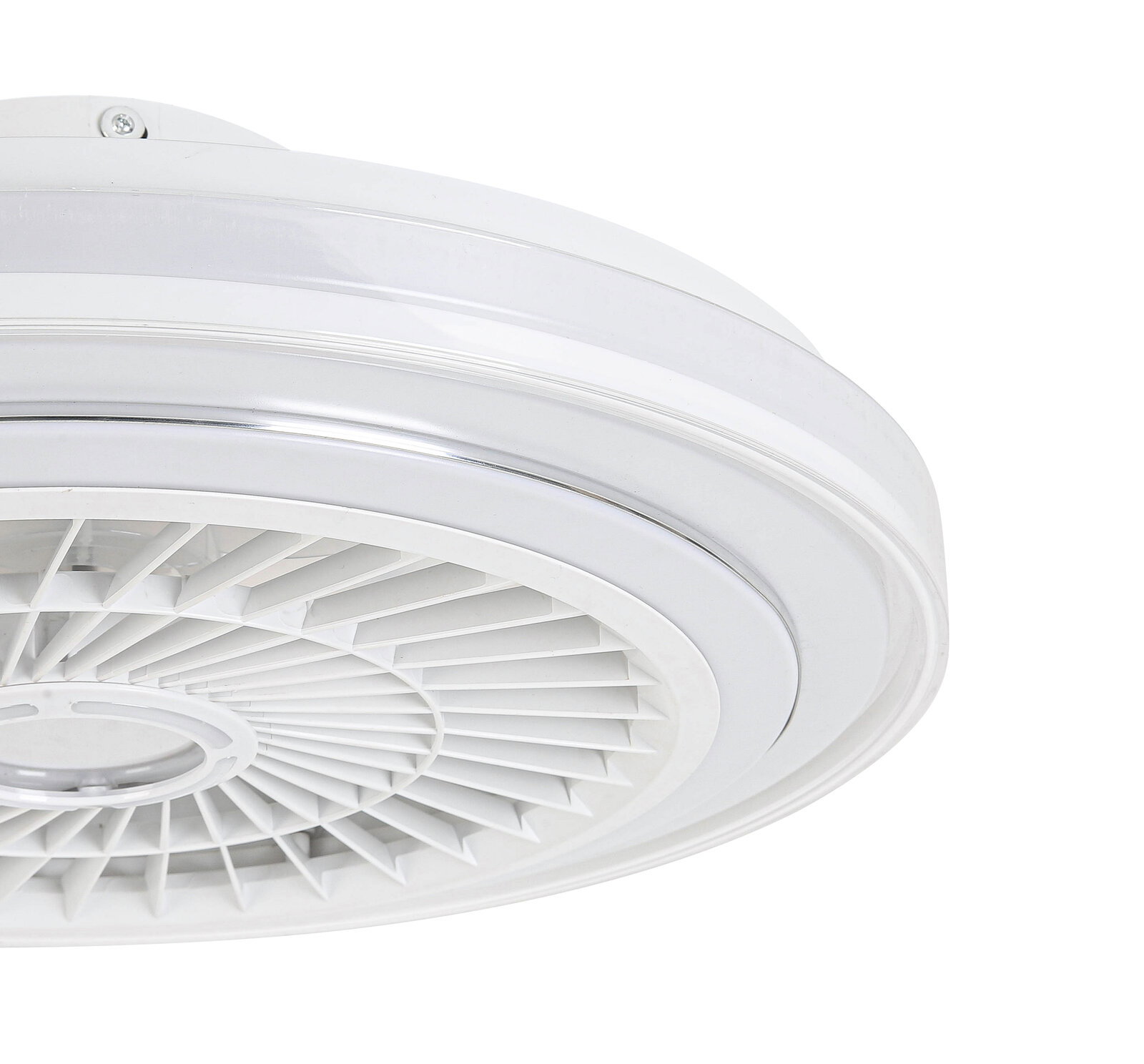 Moderner weißer Deckenventilator aus der Seitenperspektive