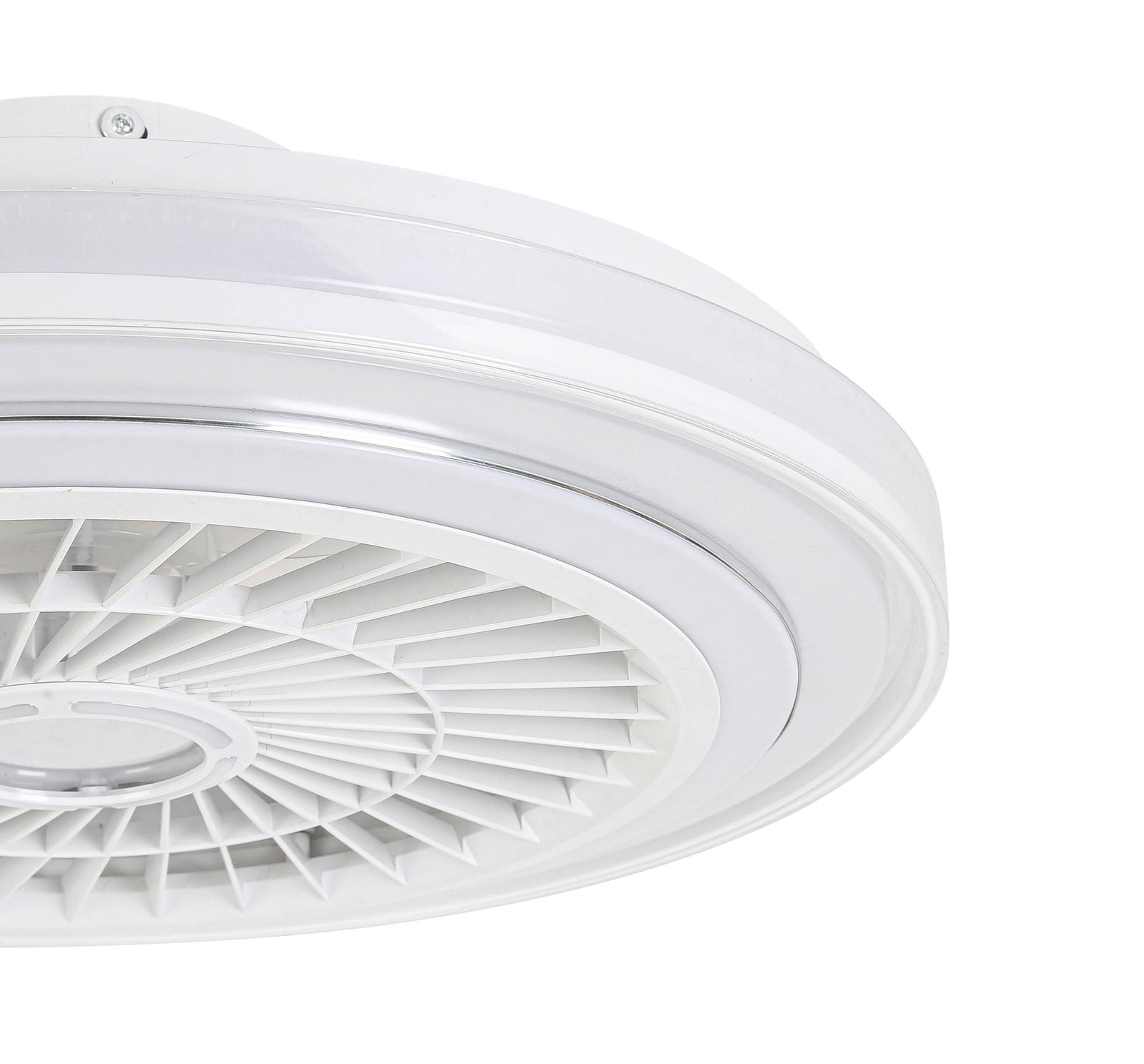 Moderner weißer Deckenventilator aus der Seitenperspektive