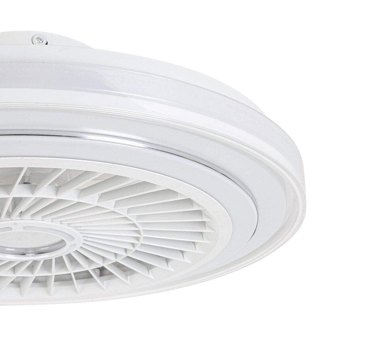 Moderner weißer Deckenventilator aus der Seitenperspektive
