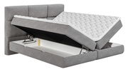 Graues Boxspringbett mit geöffneter Matratze und Stauraum, seitliche Perspektive