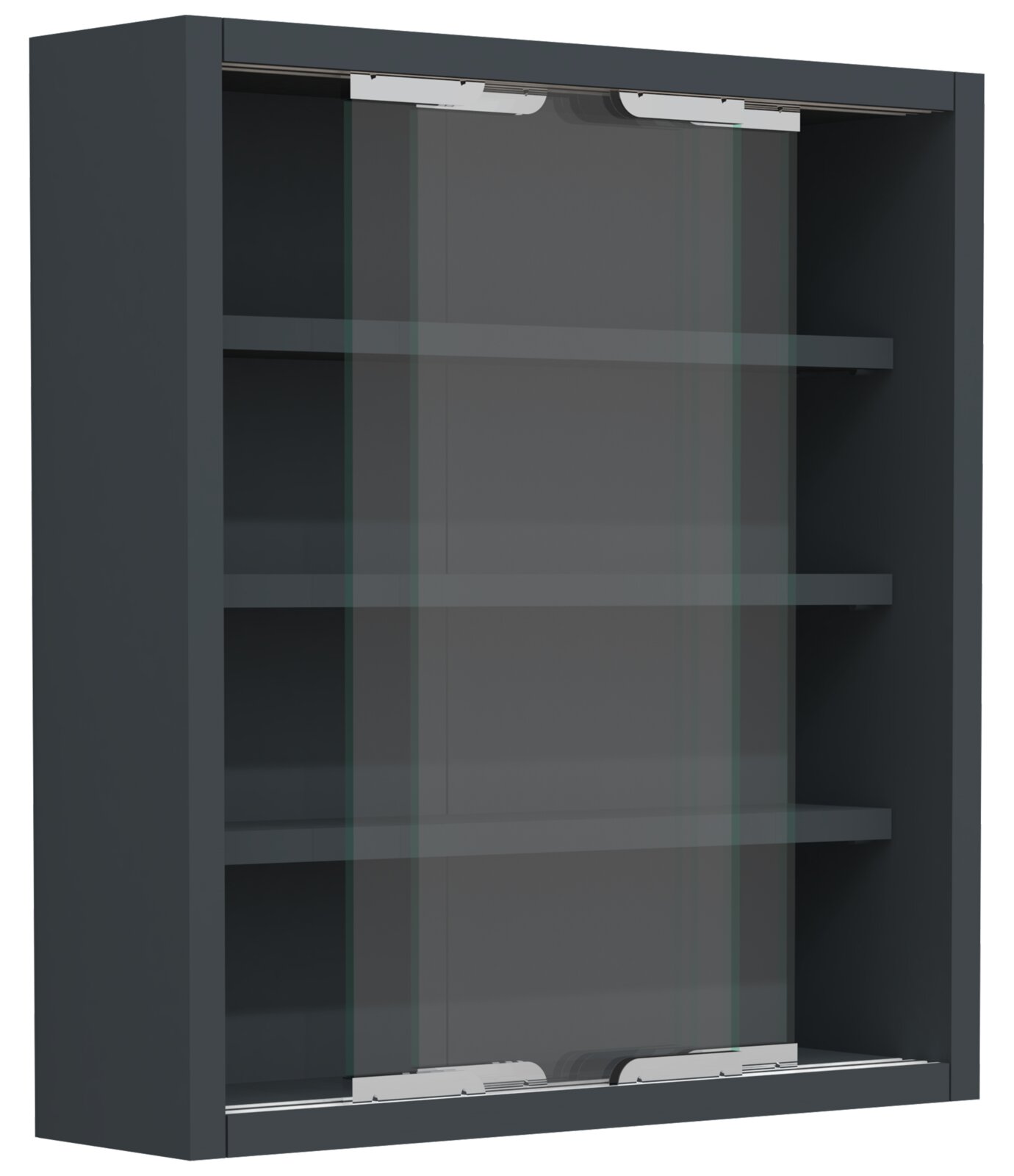 Schwarzer Wandvitrinenschrank mit Schiebetüren aus Glas und mehreren Glasablagen, Ansicht leicht von vorne links