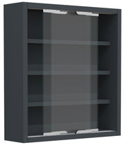Schwarzer Wandvitrinenschrank mit Schiebetüren aus Glas und mehreren Glasablagen, Ansicht leicht von vorne links