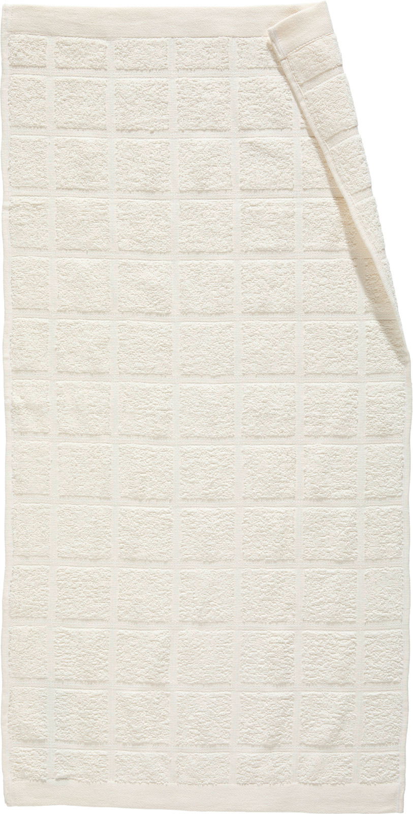 Frottierset in cremeweißer Farbe mit quadratischem Muster, aus der Vogelperspektive fotografiert.