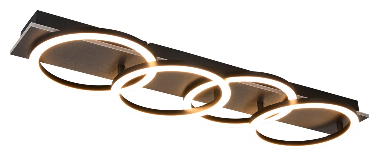 Novel LED-Deckenleuchte Moderne LED-Deckenleuchte mit vier leuchtenden Ringen, seitliche Perspektive