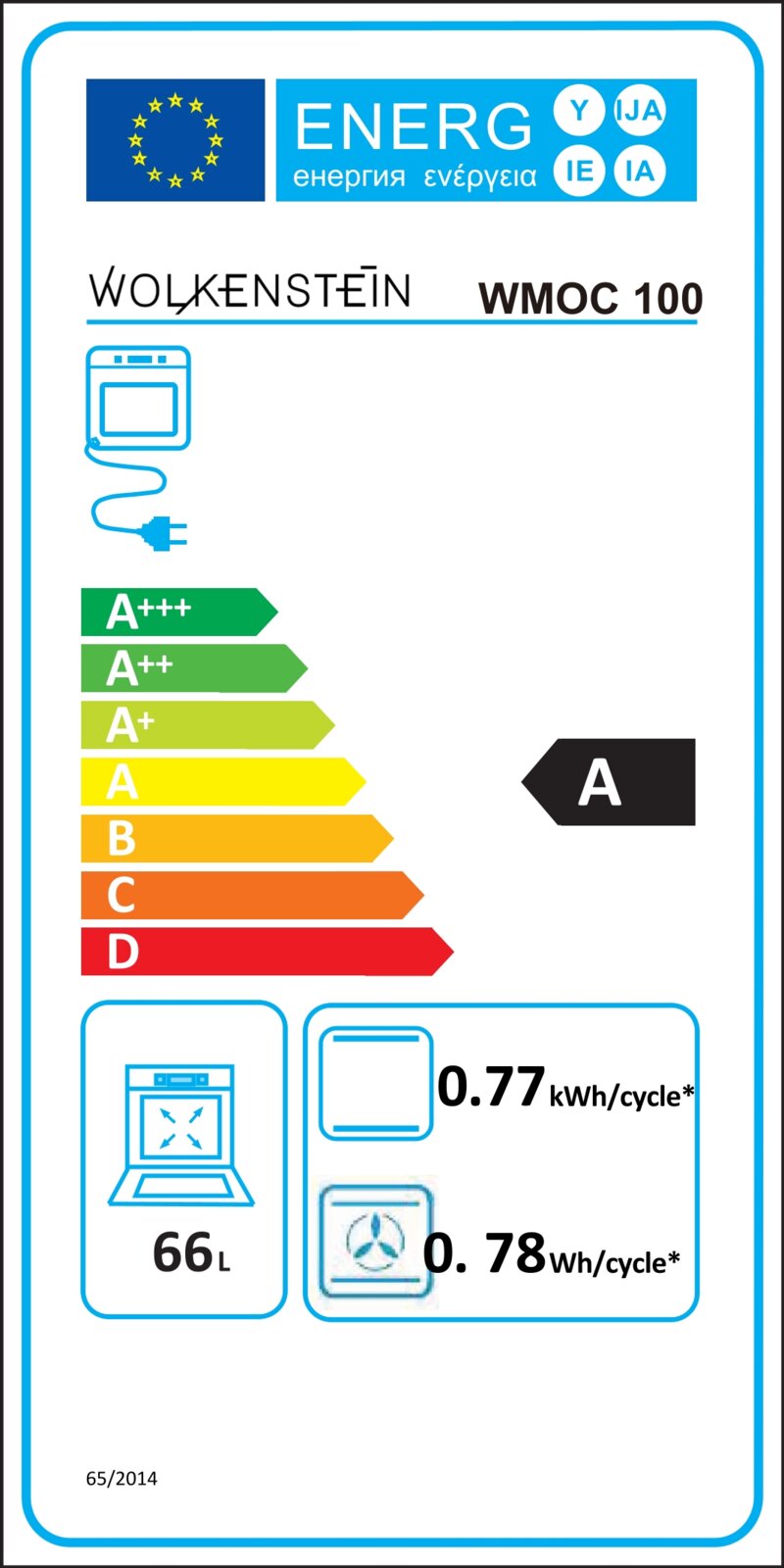 Frontansicht des EU-Energielabels für den Wolkenstein WMOC 100 Backofen: Energieeffizienzklasse A, Nutzinhalt 66 l, Verbrauch 0,77 kWh/Zyklus (konventionell) und 0,78 kWh/Zyklus (Umluft).