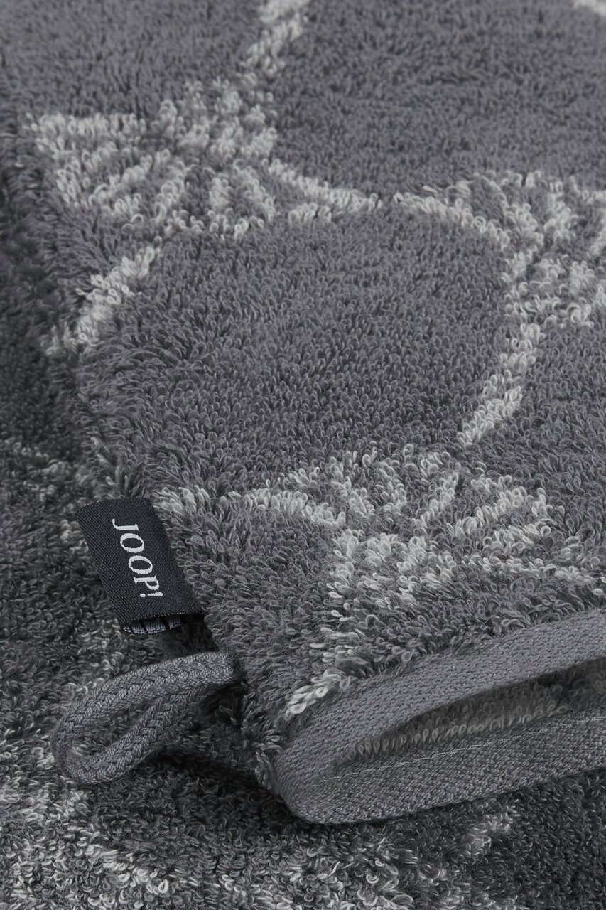 JOOP! Waschhandschuh CORNFLOWER CLASSIC Grauer Waschhandschuh mit floralem Muster und Markenetikett, Nahaufnahme