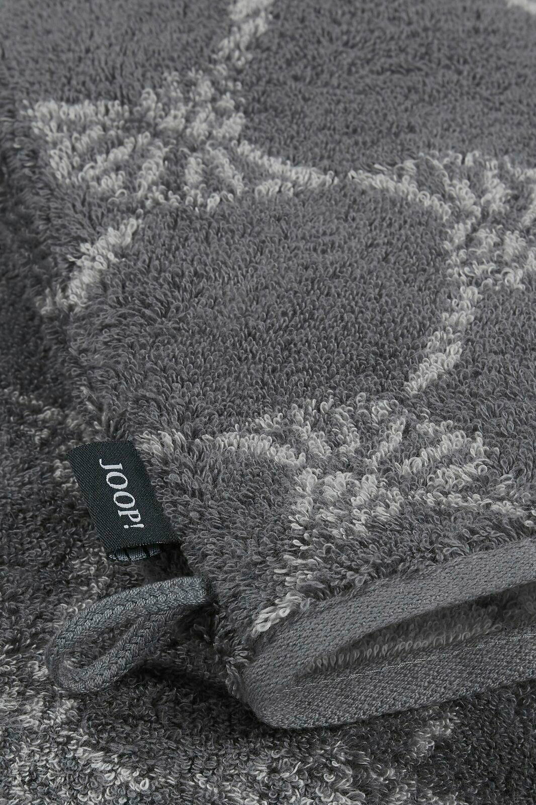 JOOP! Waschhandschuh CORNFLOWER CLASSIC Grauer Waschhandschuh mit floralem Muster und Markenetikett, Nahaufnahme