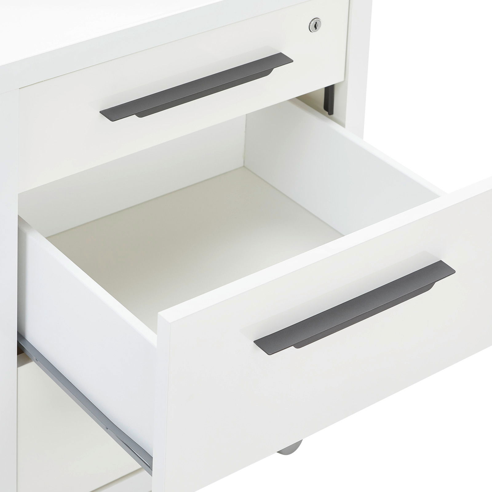 Weißer Rollcontainer mit zwei offenen Schubladen, seitliche Perspektive