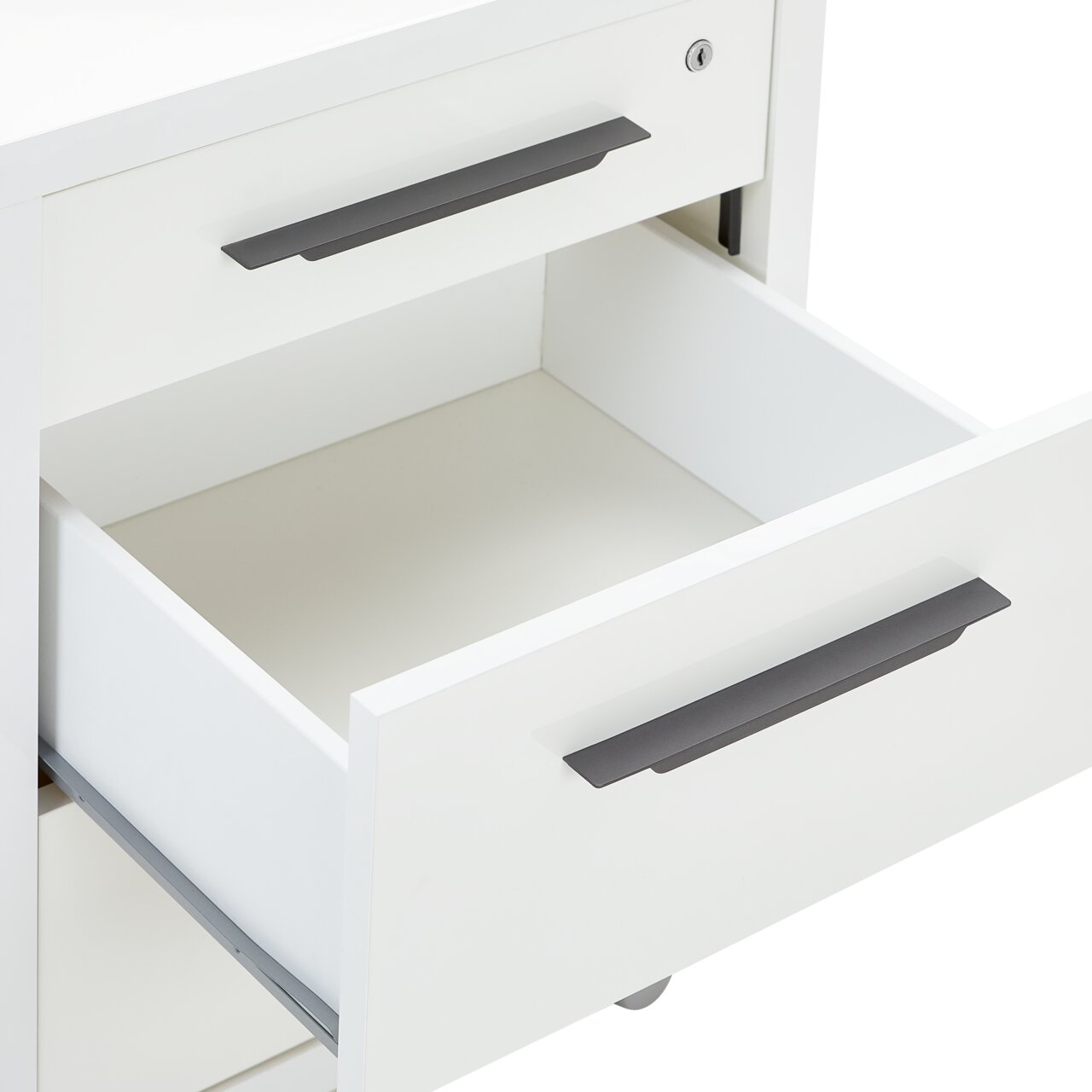 Weißer Rollcontainer mit zwei offenen Schubladen, seitliche Perspektive