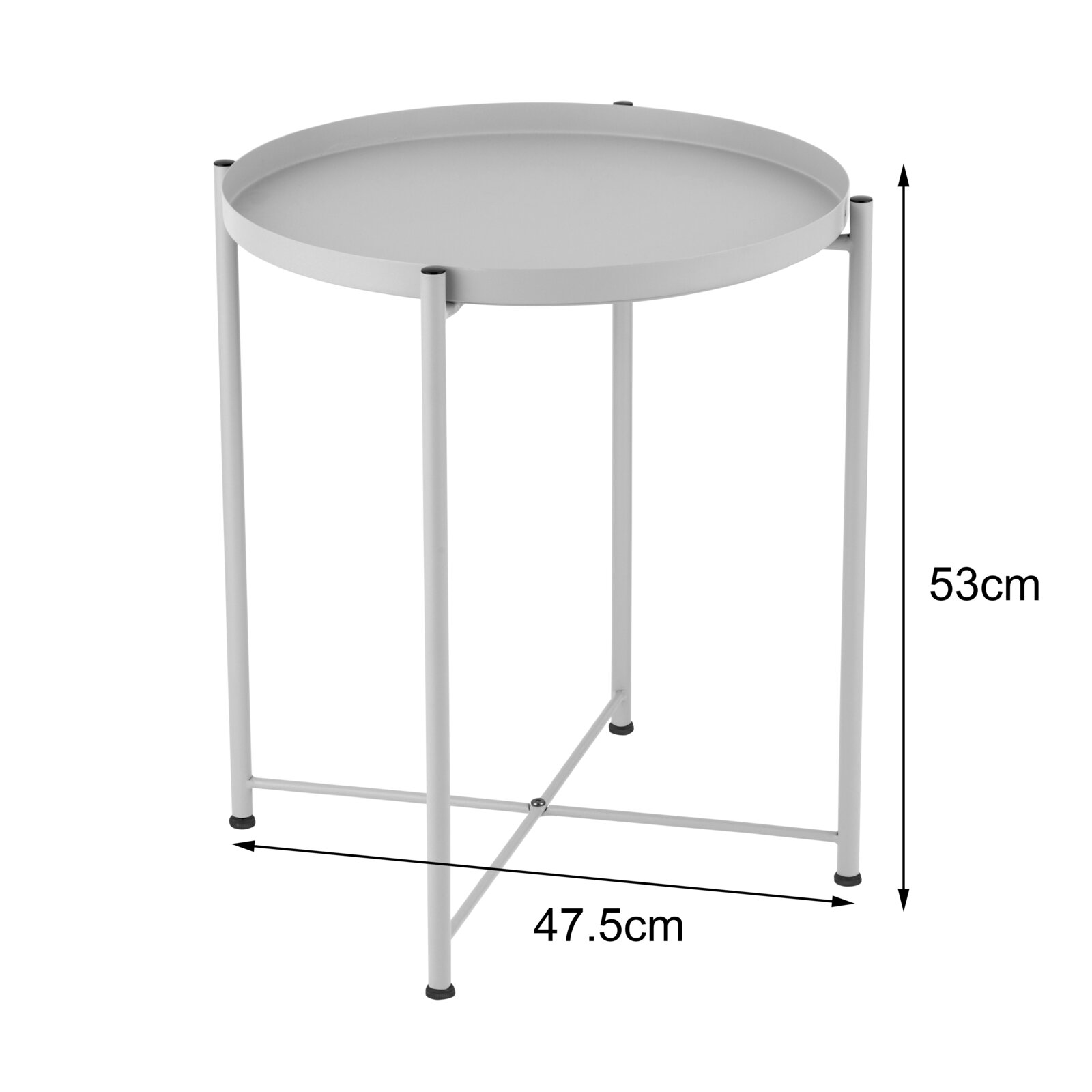 Runder, weißer Beistelltisch aus Metall mit Tablett-Tischplatte und vier schlanken Beinen, Höhe 53 cm und Durchmesser 47,5 cm, freigestellt in leichter Draufsicht/3-4-Perspektive von vorne.