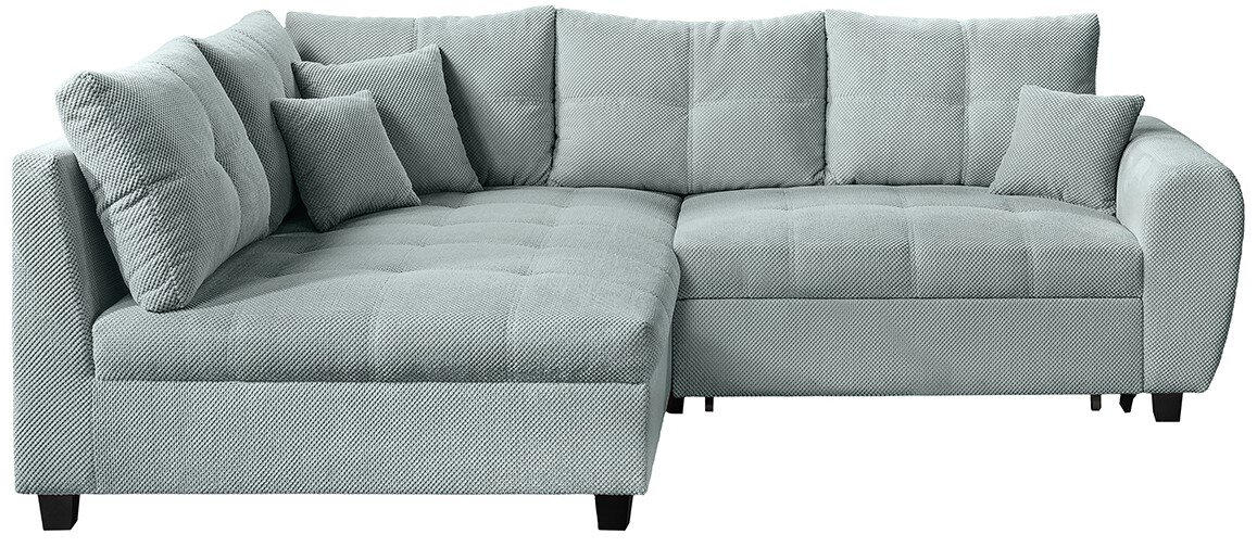 Graues Ecksofa mit weicher Polsterung und mehreren Kissen, Ansicht von vorne.