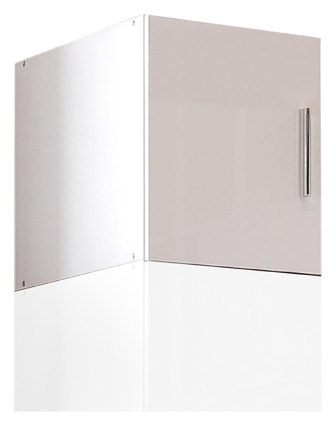 XORA Aufsatz T54 MALTA Hochschrank-Aufsatz in weißer Farbe mit silbernem Griff, perspektivisch von vorne rechts fotografiert.