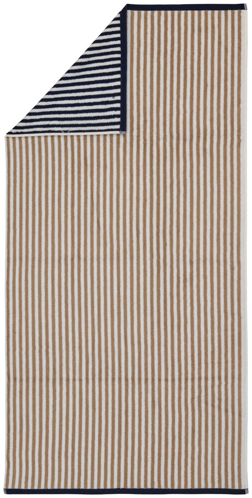 Saunatuch mit braunen und weißen Streifen, obere Ecke umgeschlagen, zeigt blaue und weiße Streifen, Draufsicht