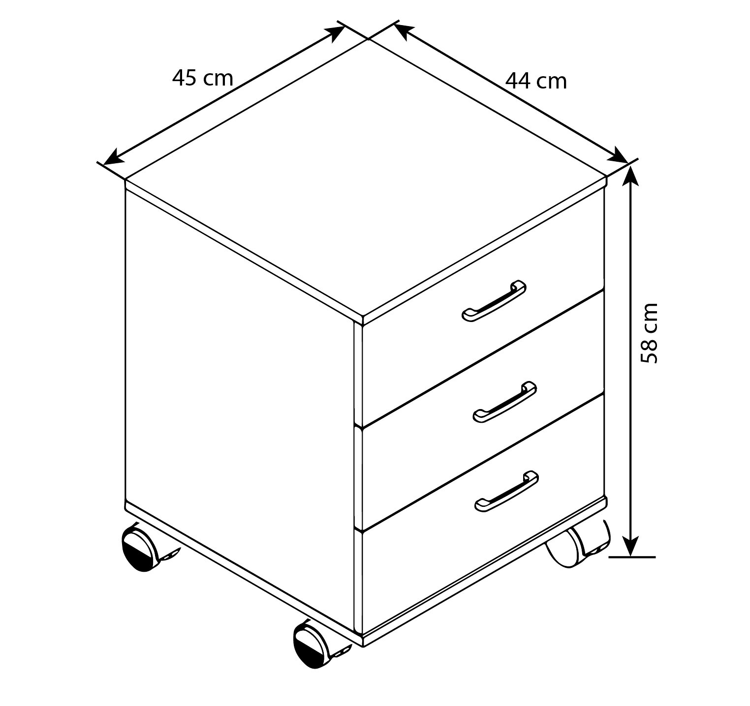 Technische Zeichnung eines rollbaren Nachttischs mit drei Schubladen und Griffen, Maße ca. 45 x 44 x 58 cm, in schräger Perspektive von vorne oben dargestellt.
