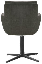 Rückansicht eines Armlehnstuhls mit dunkelgrauem Stoffbezug und schwarzem Drehfuß