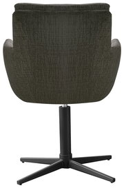 Rückansicht eines Armlehnstuhls mit dunkelgrauem Stoffbezug und schwarzem Drehfuß