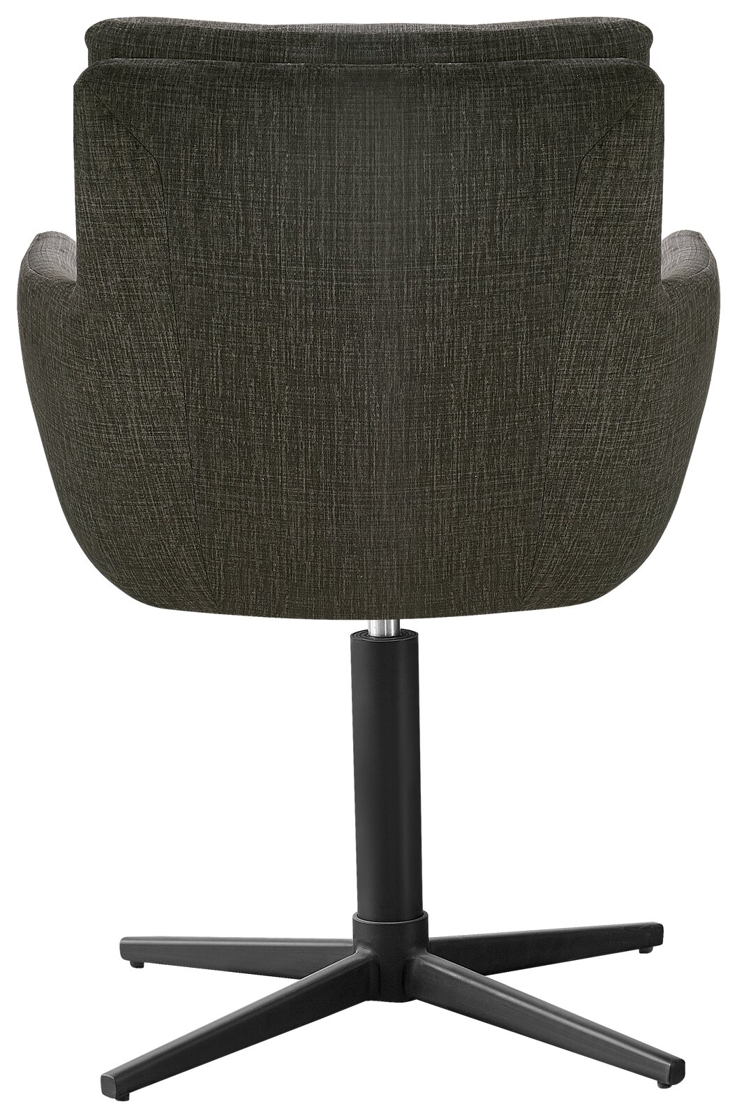 Rückansicht eines Armlehnstuhls mit dunkelgrauem Stoffbezug und schwarzem Drehfuß