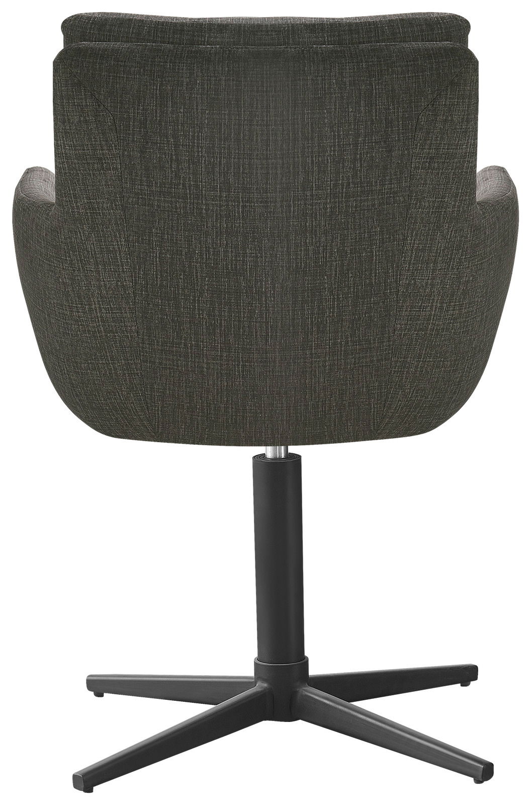 Rückansicht eines Armlehnstuhls mit dunkelgrauem Stoffbezug und schwarzem Drehfuß