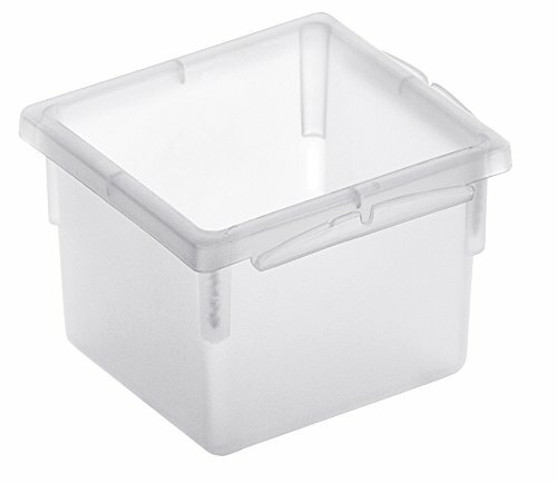 Transparente Kunststoffbox, quadratisch, 8 x 8 cm, aus leicht erhöhter Perspektive.