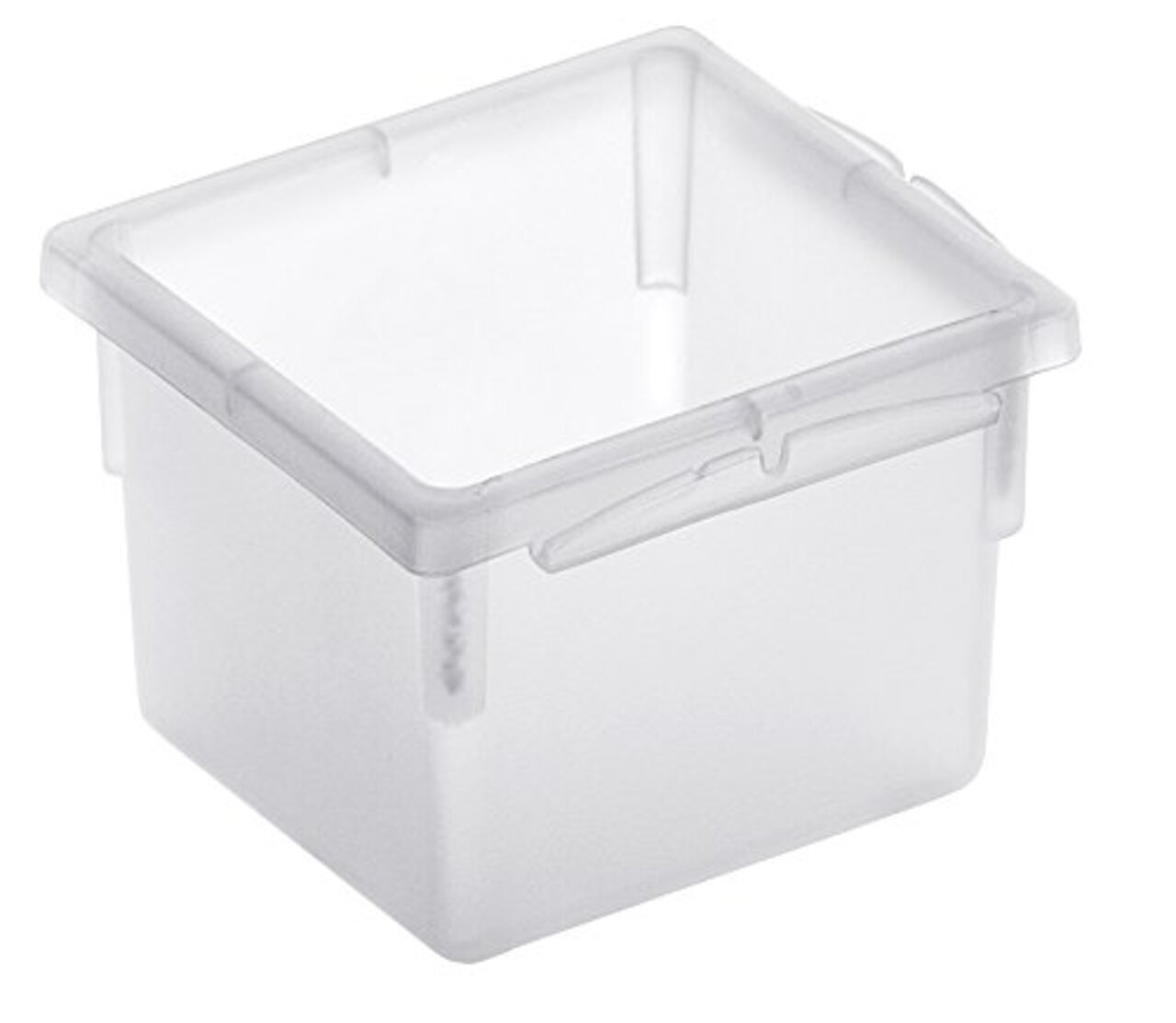 Doorzichtige plastic doos, vierkant, 8 x 8 cm, gefotografeerd vanuit een licht verhoogd perspectief.