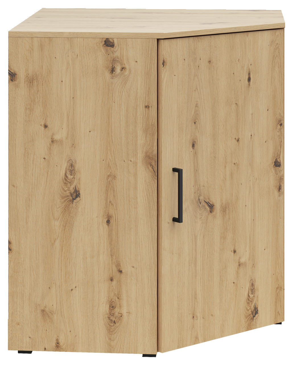 Eckkommode aus hellem Holz mit sichtbarer Maserung, schwarze Griffleiste, Perspektive von vorne rechts