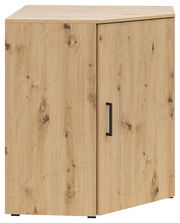 Eckkommode aus hellem Holz mit sichtbarer Maserung, schwarze Griffleiste, Perspektive von vorne rechts