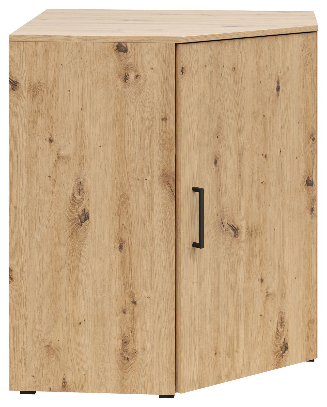 Eckkommode aus hellem Holz mit sichtbarer Maserung, schwarze Griffleiste, Perspektive von vorne rechts