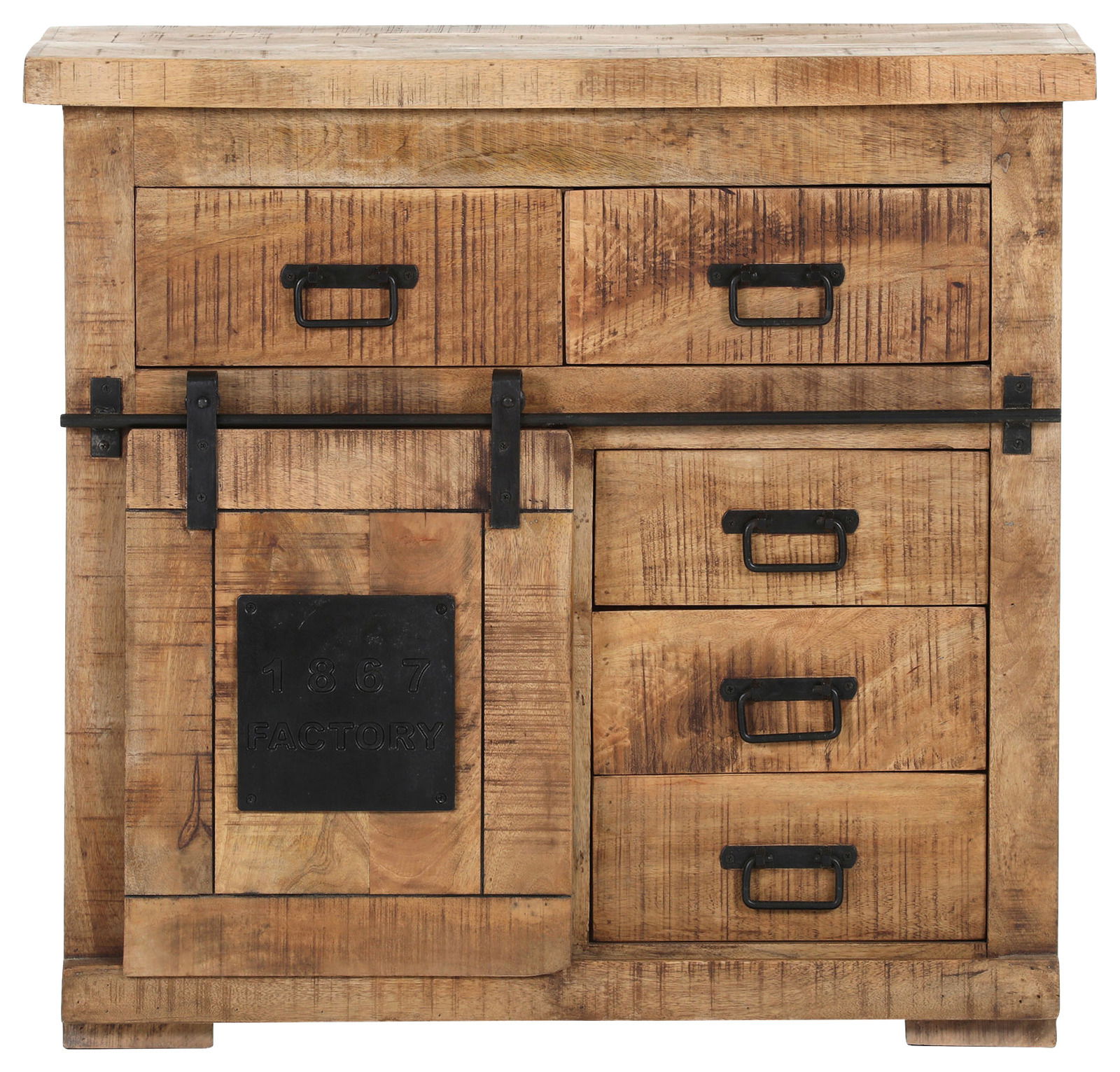 Rustikale Kommode aus Holz mit Schubladen und Schiebetür, Frontalansicht