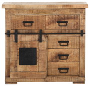 Rustikale Kommode aus Holz mit Schubladen und Schiebetür, Frontalansicht