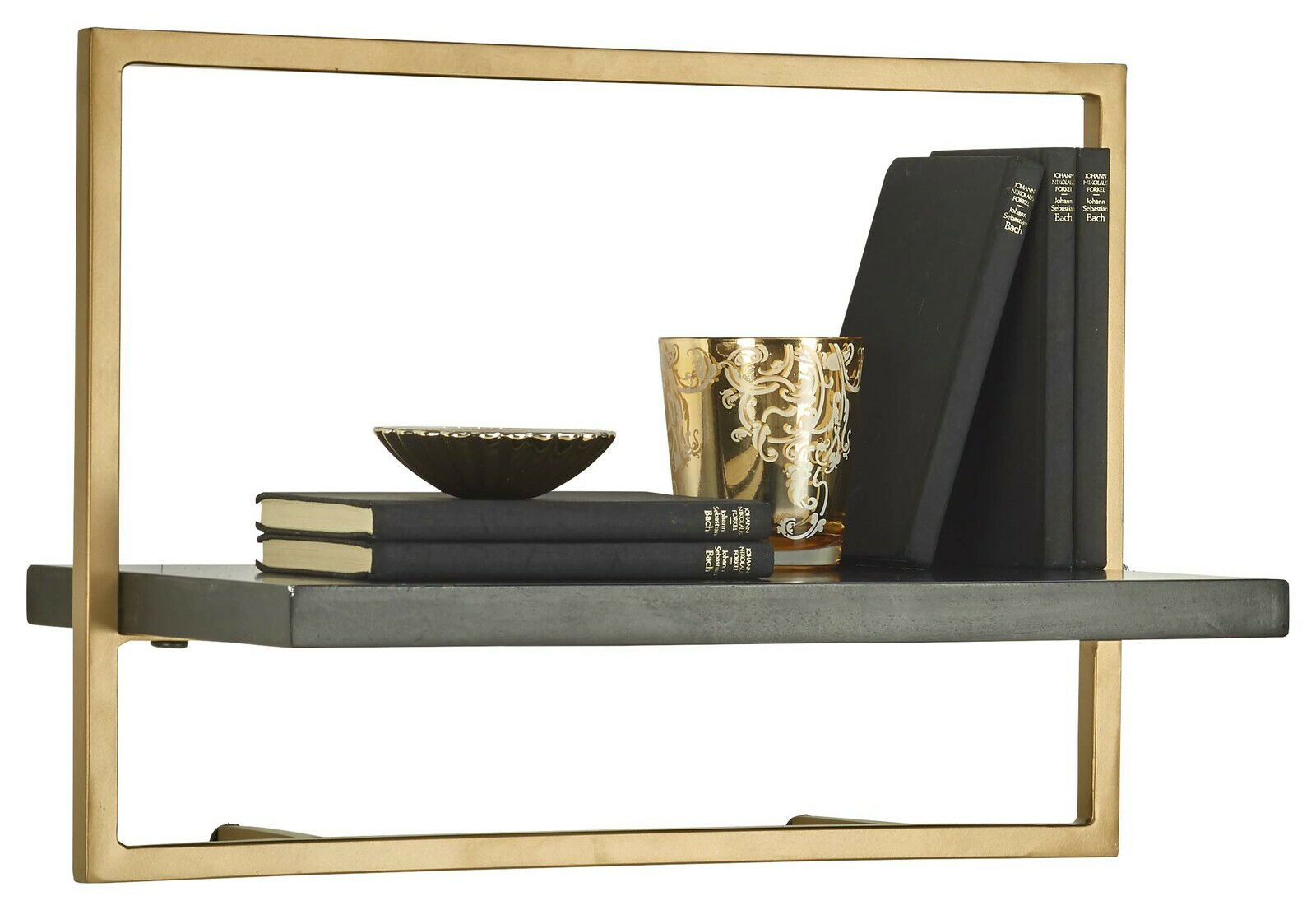 Wandregal mit goldfarbenem Rahmen, grauer Ablagefläche, dekoriert mit Büchern, einer goldenen Tasse und einer kleinen Schale, seitliche Perspektive