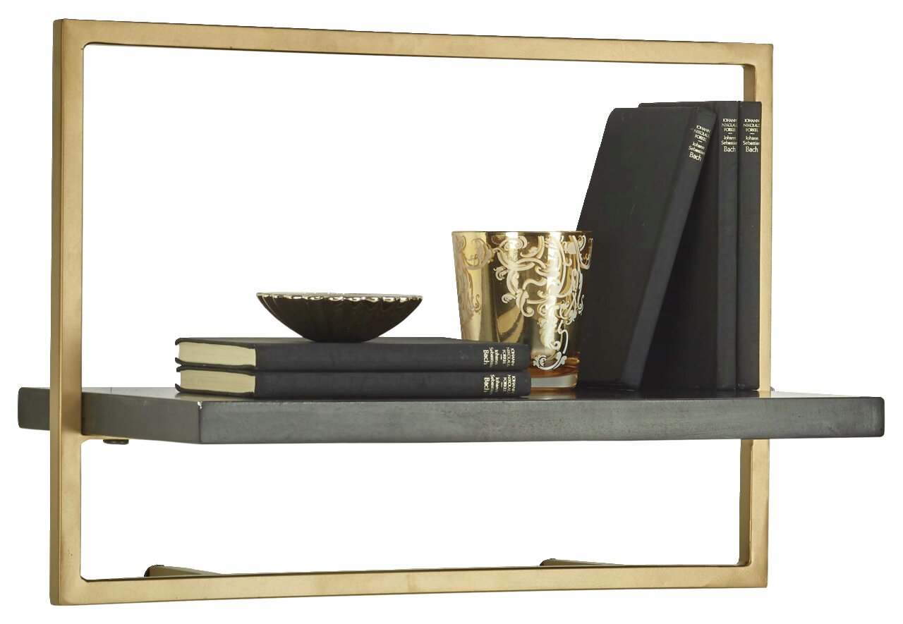 Wandregal mit goldfarbenem Rahmen, grauer Ablagefläche, dekoriert mit Büchern, einer goldenen Tasse und einer kleinen Schale, seitliche Perspektive