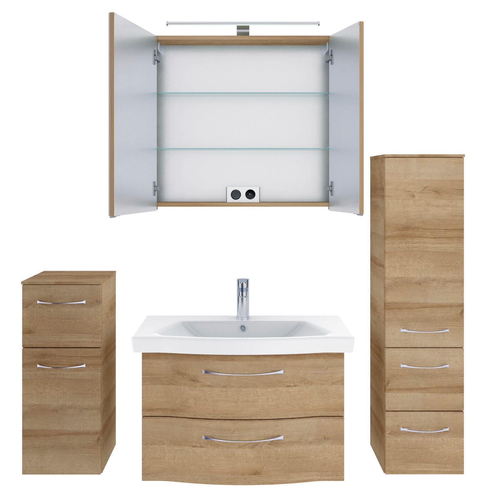 Badkamermeubelset in houtlook, bestaande uit een wastafelonderkast met twee lades, een hoge kast met meerdere vakken, een kleinere kast en een spiegelkast met ingebouwde verlichting, hier afgebeeld in vooraanzicht.