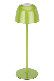 Grüne Akku-Tischleuchte in Frontalansicht mit rundem Lampenschirm und schlankem Standfuß.