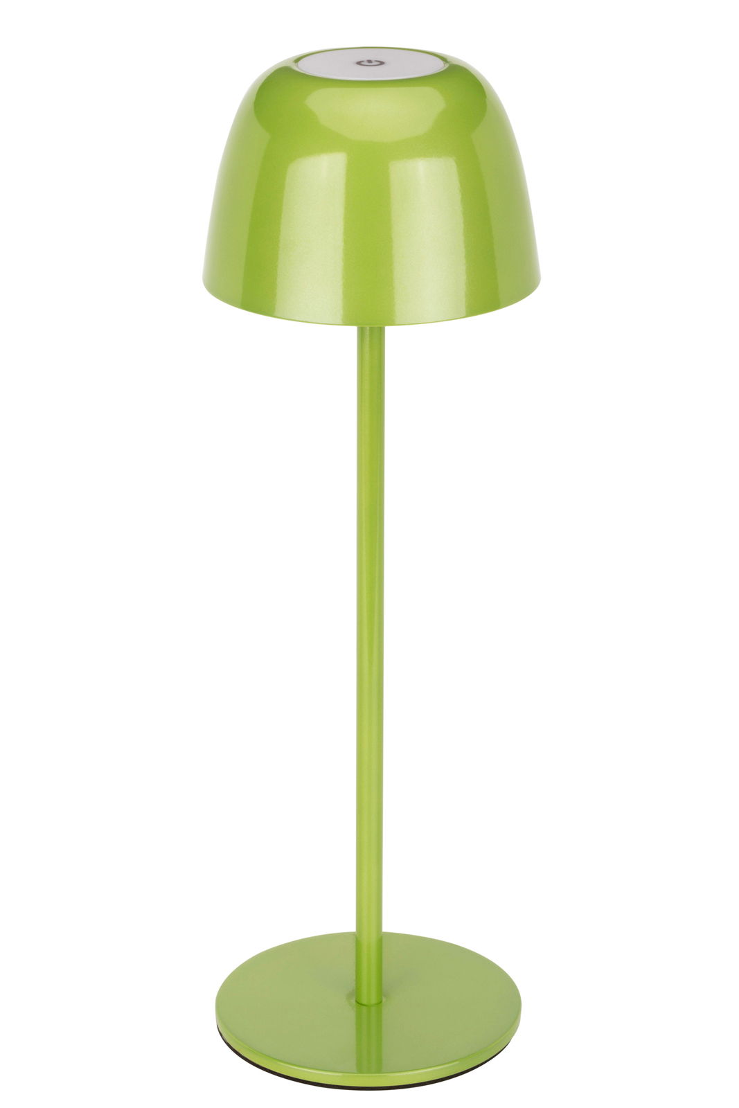 Grüne Akku-Tischleuchte in Frontalansicht mit rundem Lampenschirm und schlankem Standfuß.