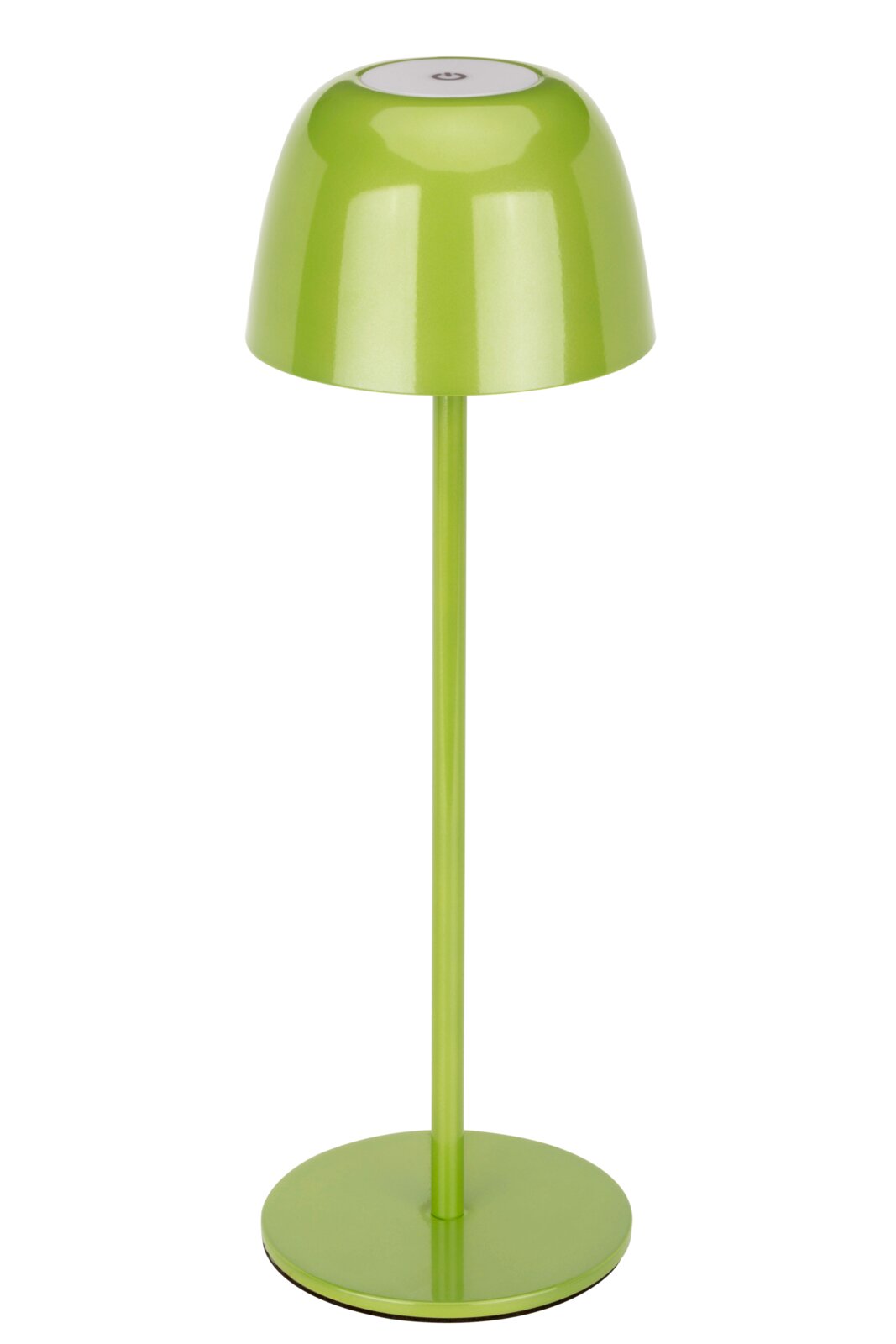 Groene accu-tafellamp in vooraanzicht met ronde lampenkap en slanke voet.