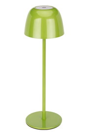 Groene accu-tafellamp in vooraanzicht met ronde lampenkap en slanke voet.