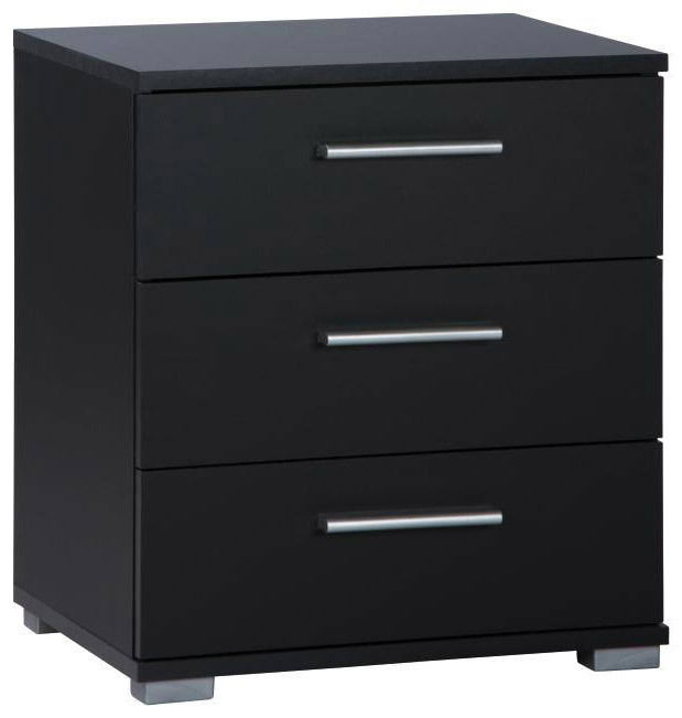 Schwarzer Nachttisch mit drei Schubladen und silbernen Griffen, frontale Perspektive